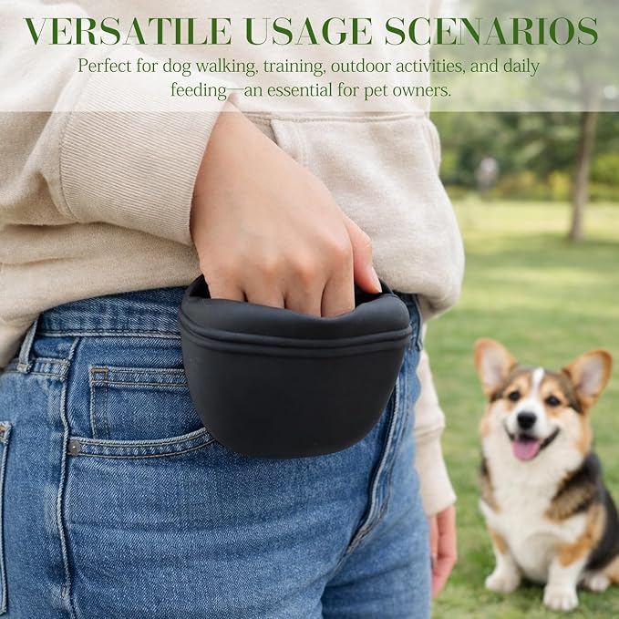 Black Silicone Dog Treat Pouch, Portable Pet Training Snack Bag with Magnetic Closure and Waist Clip for Dog Walking