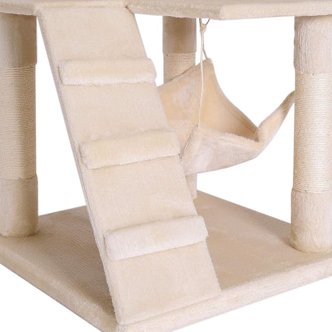lionto Scratching Tree for Cats with Hammock & Tunnel, Height 52,4 in, cat Tree with sisal Rope & Soft Plush, Cozy Lying Areas & Caves, Suitable for Small & Large Cats, Beige