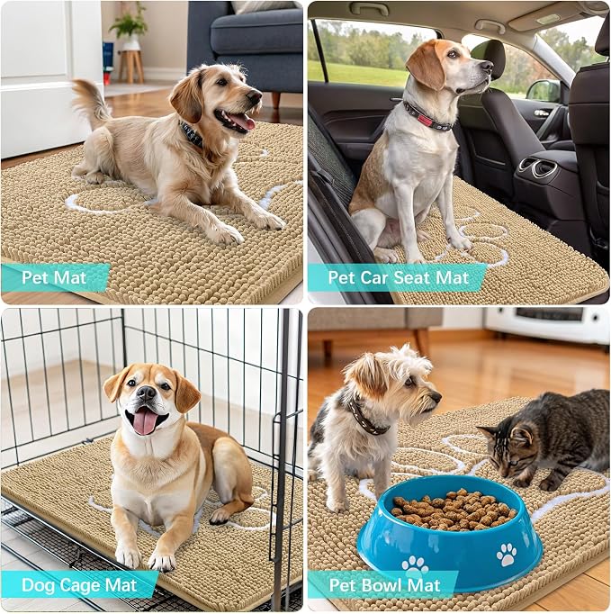 OLANLY Dog Door Mat for Muddy Paws 40x32, Paw Print Design Chenille Mud Mat | Beige, Absorbent, Traps Moisture and Dirt, Non-Slip Washable Doormat, Quick-Drying Indoor Entryway Floor Carpet for Dogs