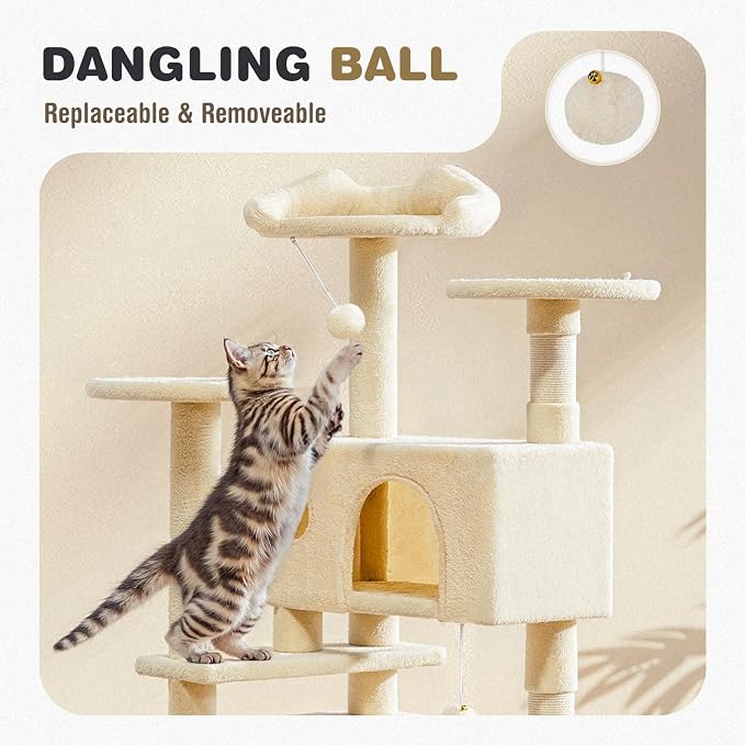54 Inch Cat Tree Tower with Natural Sisal Scratching Post | Multi-Level Cat Climbing Tower with Hammock, Pet Condo for Indoor Cats and Kittens, Beige