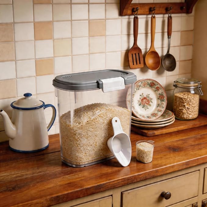 Rice Storage Container 15-20 Lbs, Tall Flour Bin Container with Scoop, Cup | Slim Dry Food Container Storage Bin for Cereal, Sugar, Beans, Pet, Dog, Cat Food, Kitchen and Pantry Storage Organization