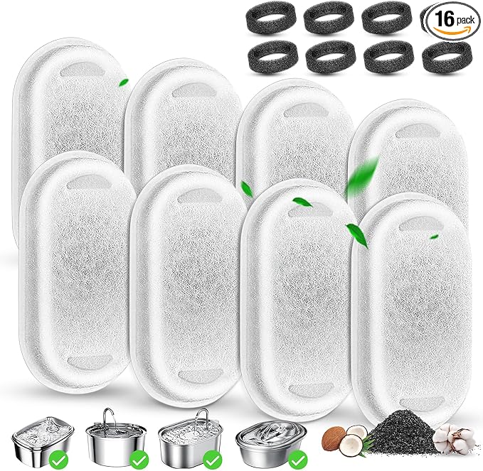 Cat Water Fountain Filter Replacement, 8 Pcs Pet Water Fountain Filters with 8 Pcs Sponges Foam for 67oz/2L & 108oz/3.2L Stainless Steel Automatic Cat Water Fountain Dispenser Filters