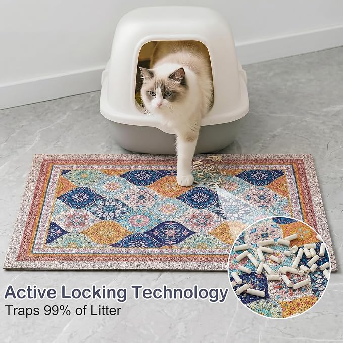 Glittme Cat Litter Mat, 24"x15" Non-Slip Washable Trapping Mat for Cats | Litter Trapping Mat With Thick PVC Coil To Catch Scatter, Soft On Paws And Waterproof Bottom To Protect Floors