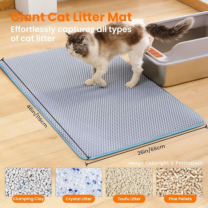Extra Large Cat Litter Mat XXL, Double Layer Honeycomb, Blue | 46x26”, Reduces Litter Tracking, Easy to Clean, Waterproof, Non-Slip, Soft on Paws, Scratch Resistant, Blue, XXL