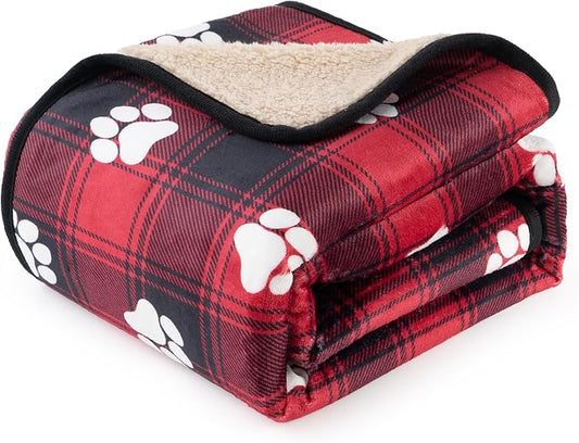 Waterproof Dog Blankets, 30"x40" Cat Blanket for Indoor Cats, Soft Fluffy Sofa Car Bed Protector, Reversible Sherpa Fleece Puppy Blanket for Small Medium Dogs Christmas Decor(Paw Red)