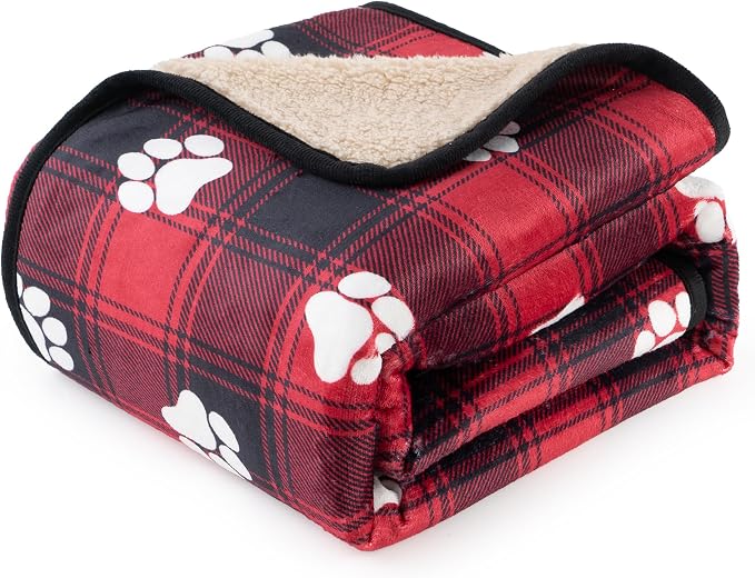 Waterproof Dog Blankets Pet Blanket 60"x80", Soft Fluffy Sofa Car Bed Protector, Reversible Sherpa Fleece Dog Blanket for Large Dogs Christmas Decor(Paw Red)