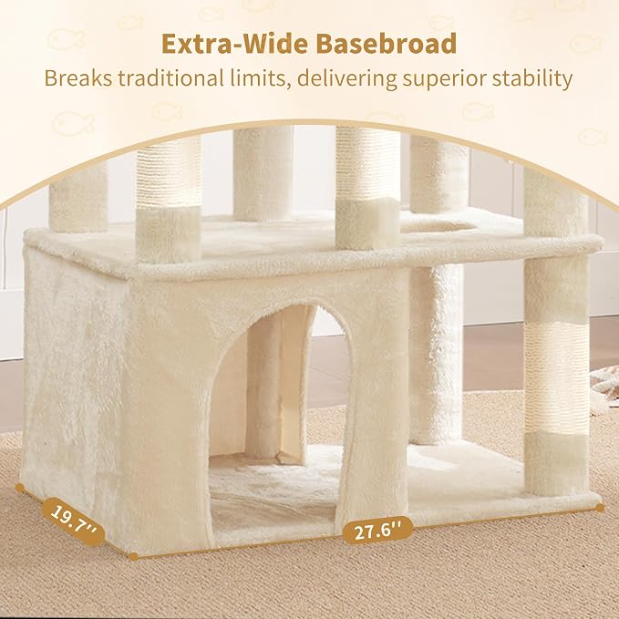Heybly Cat Tree, 71-Inch Tall Cat Tower for Large Maine Coon Cats HCT03MG | Cat Condo Furniture with Extra-Large Baseboard, Multi-Level Platforms, 2 Hammocks and 12 Scratching Posts, Beige
