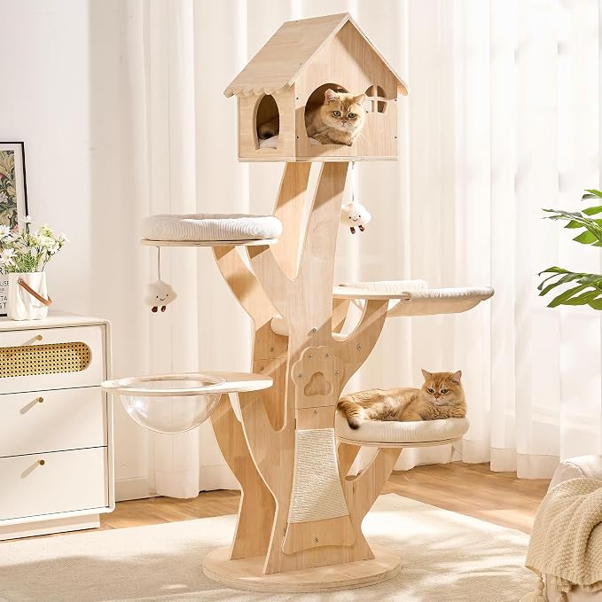 65" Modern Wood Cat Tree for Indoor Cats, Multi-level Cat Tower with Hidden Cat House, Cozy Beds, Hammock, Capsule perch, Spacious Scratching Board & Interactive Toys, Furniture-Style Cat Condo