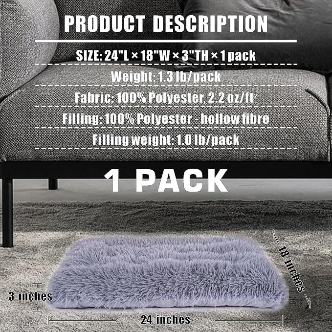 Machine Washable Dog Bed, Deluxe Plush Dog Crate Pad and Cat Bed, Anti-Slip Bottom Kennel Pad Mat, Fuzzy Pet Beds for Large, Medium, Small Dogs Breeds (Grey, 24.0" L x 18.0" W x 3.0" Th x 2 Pack)