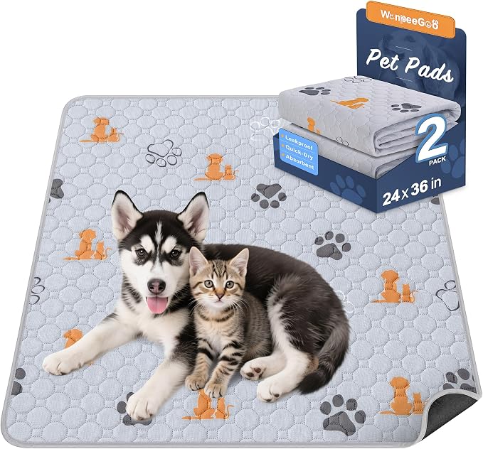 WanpeeGoo Washable Pee Pads for Dogs, Waterproof, 24 x 36 in, 2 Pack, Orng | Super Absorbent, Waterproof and Non-Slip; Washable, Reusable Dog Pads for Crates, Playpens, Floors, Furniture and Travel
