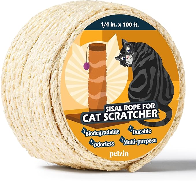 Pelzin Natural Sisal Rope for Cat Scratcher - 1/4 Inch by 100 Feet, Cat Tree Rope Twine for Scratching Post Replacement, Repairing and DIY, White