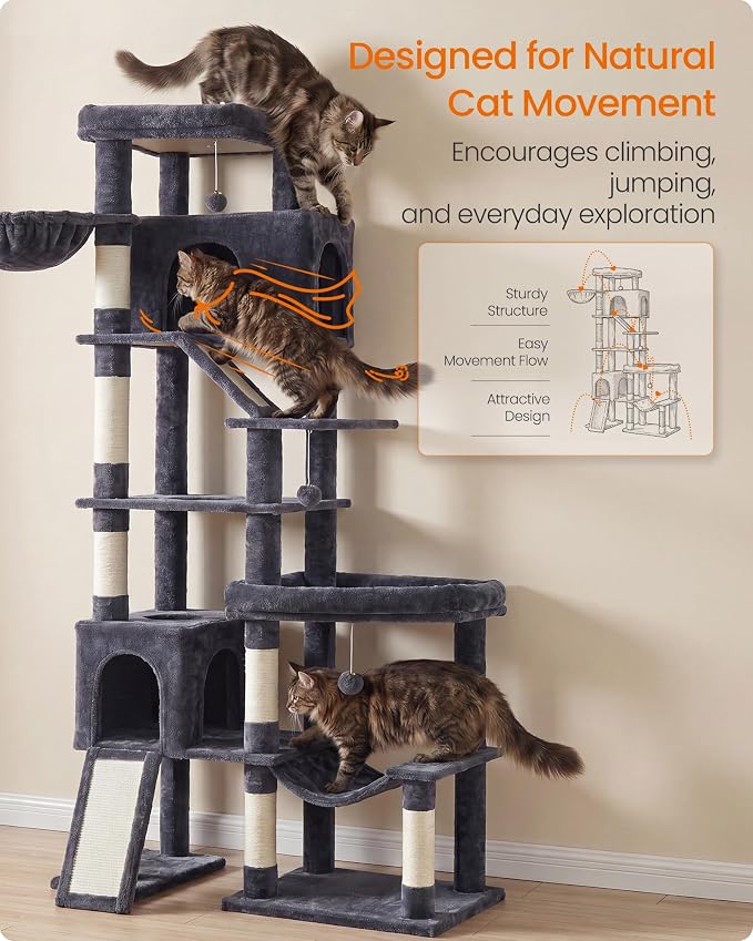 Feandrea Multi-Level Cat Tree for Large Cats, 79.5 inch Tall Cat Tower with 6 Resting Areas and Sisal Scratching Posts, 41.3 x 17.7 x 79.5 inch, Dark Gray Clawfy Collection UPCT020G201