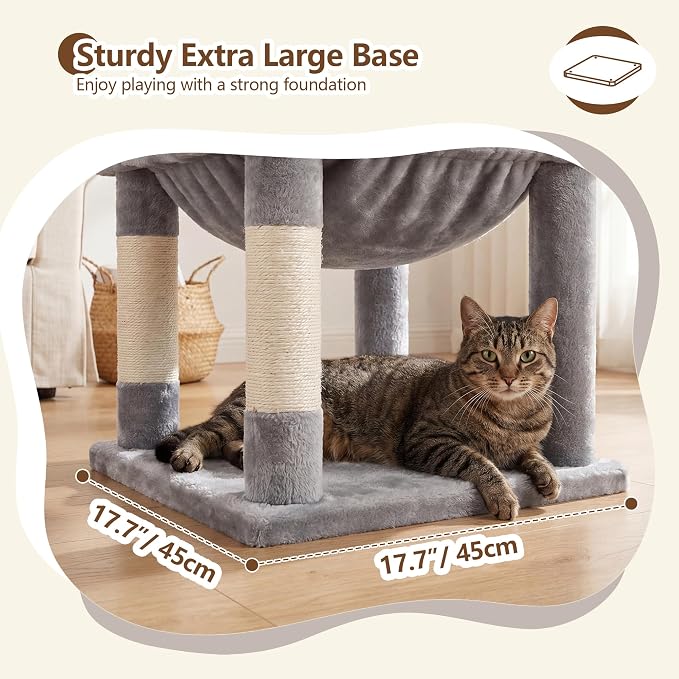 Heybly 53.1" Corner Cat Tree for Large Cats – Interactive Play HCT029W | Sturdy Cat Tower with Cozy Cat Condo, Fan-Shaped Top Perch, Basket, Hammock & Solid Base, Light Gray