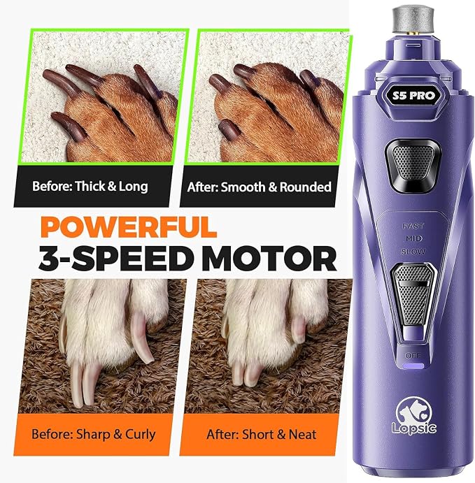 Whisper Quiet Dog Nail Grinder Safe & Stress-Free for Sensitive Dogs Cats | 4 LED Lights,3 Grinding Bits, 3-Speed, Pet Nail Trimmers, Rechargeable Painless Grooming Kit for All Breeds & Sizes