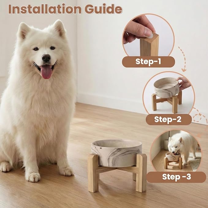 hjn Elevated Ceramic Dog Bowl with Bamboo Stand, Raised Pet Feeding Station for Small Medium Dogs Cats, Modern Design with Anti-Slip Base (Marble Brown, 7.6Cup)