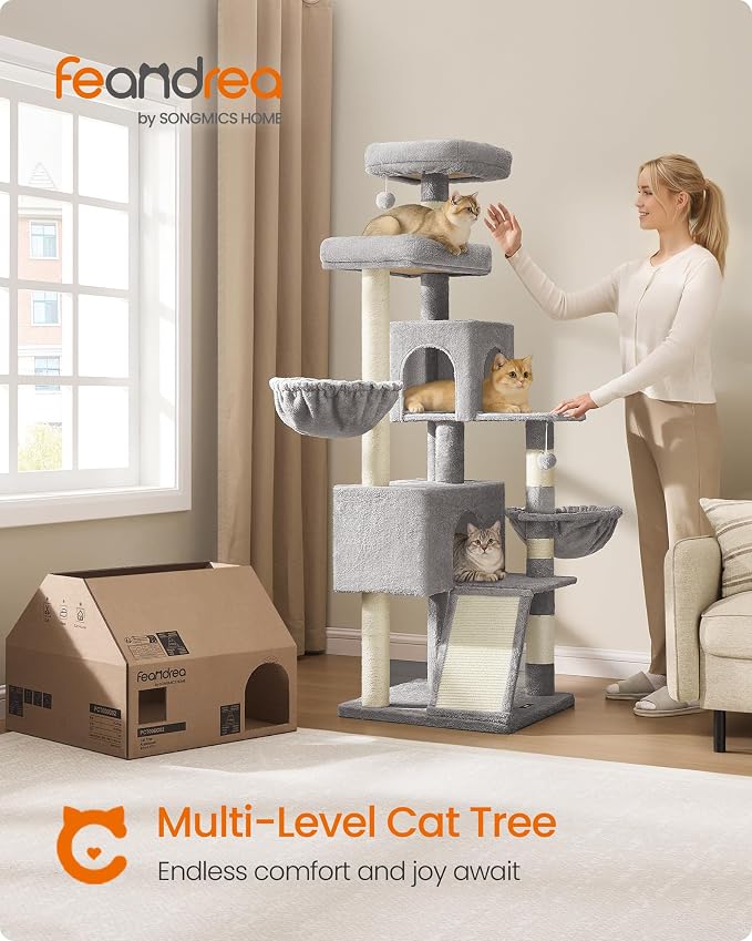 Feandrea Cat Tree, 68.5-Inch Tall Cat Tower, Multi-Level Plush Condo with Large Perch, Scratching Posts, Double Caves, Dove Gray UPCT006G01