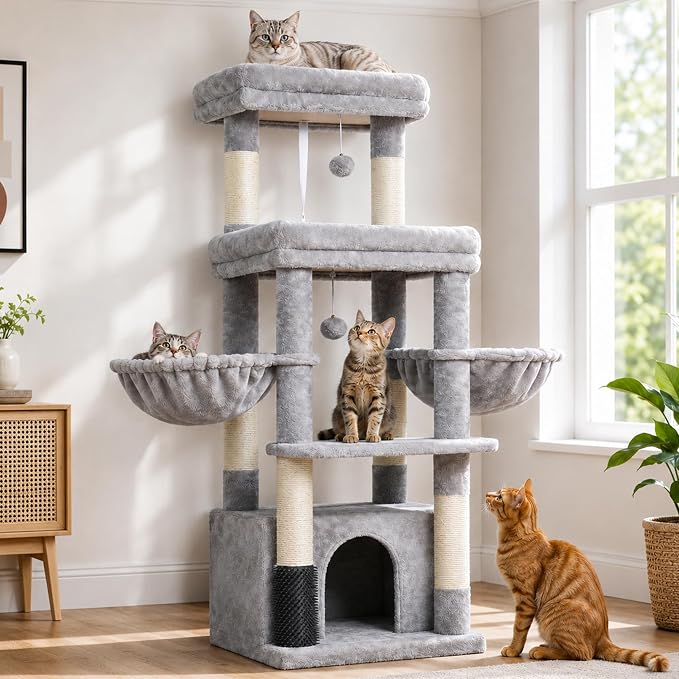 Hey-brother Cat Tree Tower with Extra Large Platform, Big Condo, MPJ070W | 51.1 Inches Scratching Posts with 2 Cozy Hammocks, Self-Grooming Brush for Indoor Adult Cats, Maine Coon, Light Gray