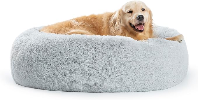 SAVFOX 36 inches Calming Donut Dog Bed - 3X Durable Plush Faux Fur, Machine Washable & Non-Slip, Fits up to 100 lbs, Light Grey