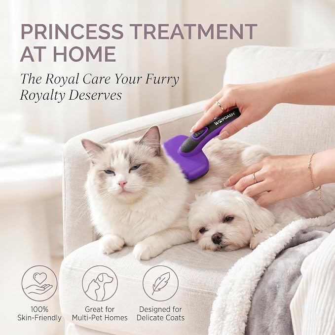 Self Cleaning Slicker Brush for Dog and Cat Shedding, Purple | Skin Friendly Deshedding Brush for Short or Long Haired Dogs & Cats, One-Click Retractable for Easy Cleaning Flying Hair