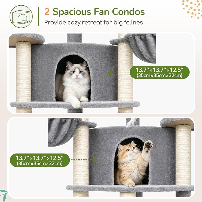 Globlazer 73in Corner Stable Cat Tree for Indoor Cats, C73, Light Grey | Space-Saving Multi-Level Climbing Tower, Large Fan-Shaped Condos & Top Perch, 8 Full-Sisal Posts & Board, Metal Baskets