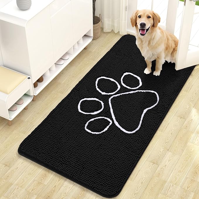 OLANLY Dog Door Mat for Muddy Paws 47x24, Paw Print Design Chenille Mud Mat | Black, Absorbent, Traps Moisture and Dirt, Non-Slip Washable Doormat, Quick-Drying Indoor Entryway Floor Carpet for Dogs