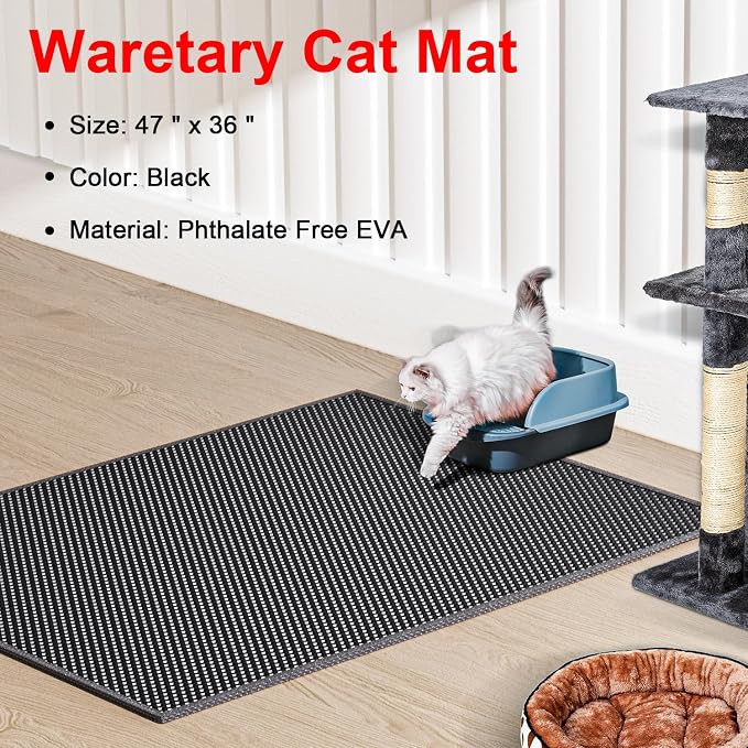 Waretary Cat Litter Mat, 47"x 36", Waterproof, Scatter Control, Black | Double Layer, Urine-Proof, Non-Slip, Durable, Easy to Clean, Paw-Friendly, Safe & Odorless, Fits Large Litter Boxes
