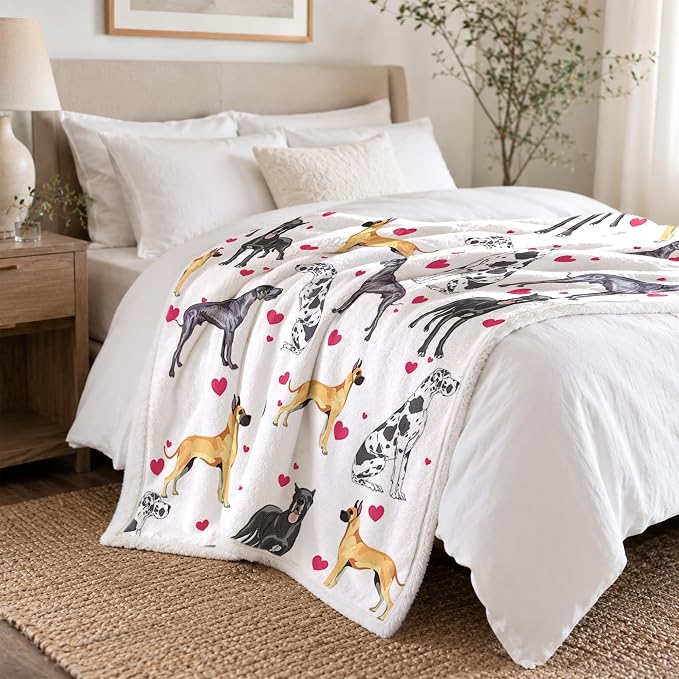BlessLiving Great Dane White Throw Blanket with Dense Black Dog Patterns Sherpa Fleece Blanket Couch Bed, Soft Cozy Warm Pet Blankets for Puppy Lovers Cute Animal Print Gift 60x80 Inches
