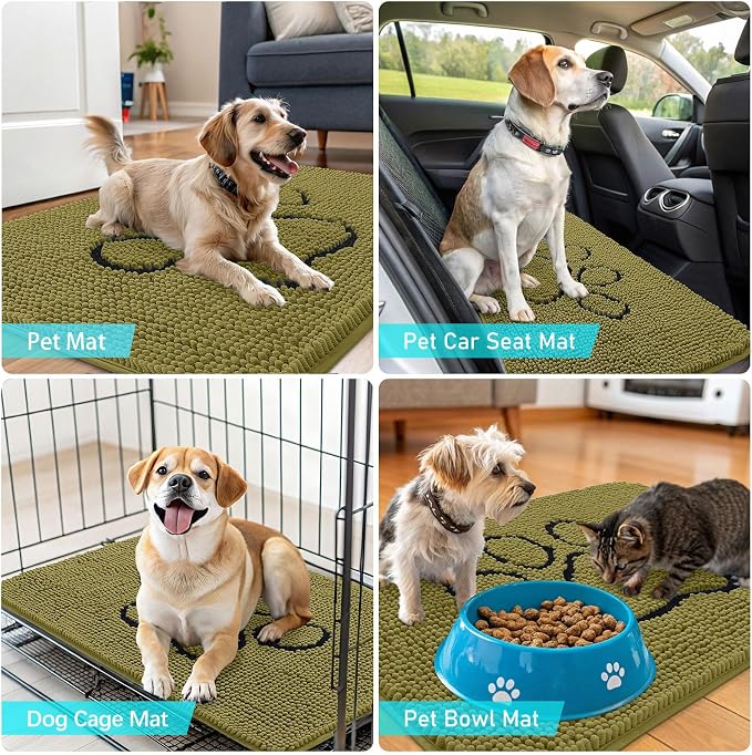 OLANLY Dog Door Mat for Muddy Paws 30x20, Paw Print Design Chenille Mud Mat | Willow Green, Absorbent, Traps Moisture and Dirt, Non-Slip Washable Doormat, Quick-Dry Indoor Entryway Floor Carpet for Dogs