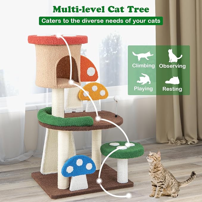 PETSITE Mushroom Cat Tree, 40.5-inch Tall Multi-Level Cat Tower with Natural Sisal Scratching Posts & Boards, Cat Condo and Spring Ball, Cute Cat Tree Tower for Indoor Cats Large Adults, Patented