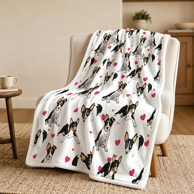 BlessLiving Throw Blanket, White Black Dog Pink Animal, 50x60 Inches | sherpa fleece fabric, Rat Terrier Dense Pet Blankets Puppy print, for couch or sofa, pet lovers, easy machine care