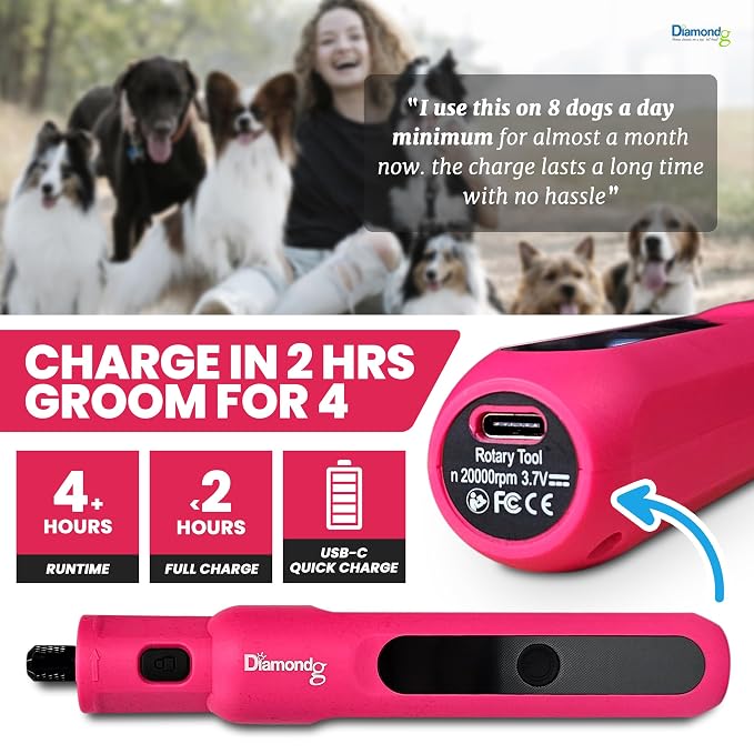 Diamondg Micro Dog Nail Grinder - Quiet Sound with LED Light, Pink | 5-Speed Rechargeable Pet Nail Trimmer for Small & Large Dogs, LCD Display, USB-C Charging, 4hrs. Runtime Rotary Tool