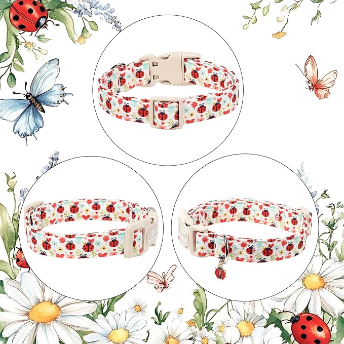Ladybug Dog Collar for Medium Dogs - Cute Spring/Summer Dog Collar, Lightweight Adjustable Cartoon Love Bug Garden Mom Dogs Collars with Quick Release Buckle M