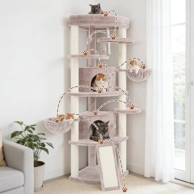 Corner Cat Tree, All Sisal Multi-Cat Scratching Posts GCT035MU | 63.8" Cat Tower for Indoor Cats with Cat Condo, 2 Large Cat Caves, Big Top Perch, 2 Hanging Baskets & Sisal Ramp, Muchroom