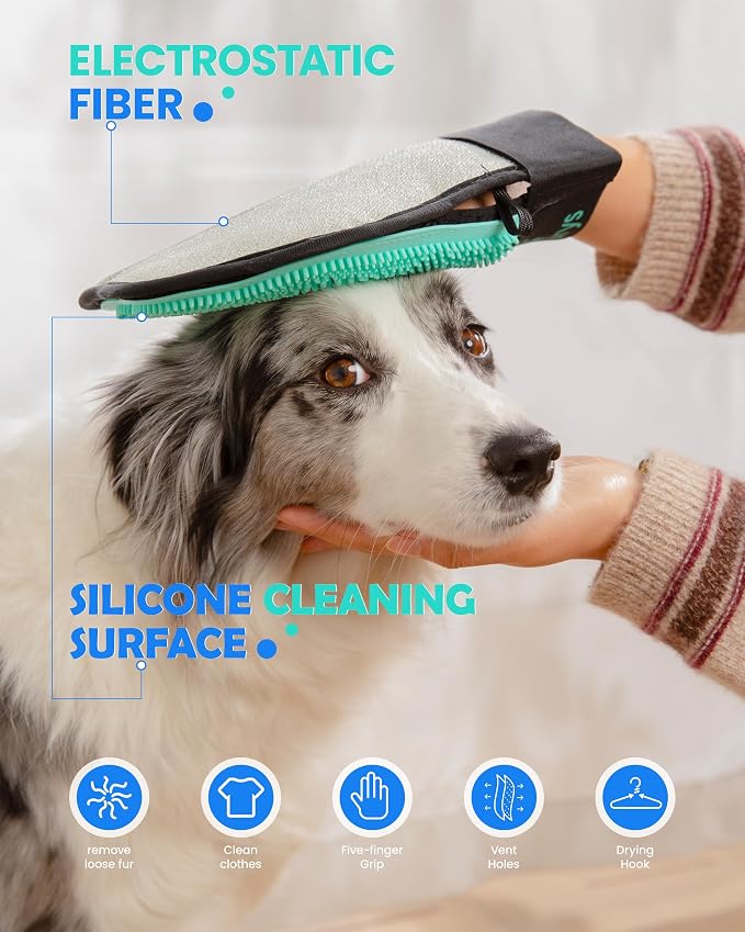 Pet Hair Removal Glove for Dogs & Cats, Double-Sided Grooming Glove | 2-in-1 Pet Grooming Tool, Electrostatic Hair Remover for Clothes & Furniture + Silicone Brush for Deshedding Pets