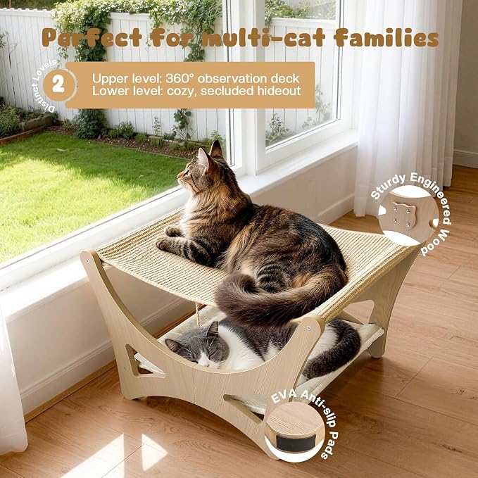 Double-Layer Cat Hammock Bed, Wooden Elevated Cat Beds with Natural Sisal Scratching Mat, Cats Scratcher Bed with Removable Soft Cushion, Cats Scratching Beds with Wood Frames