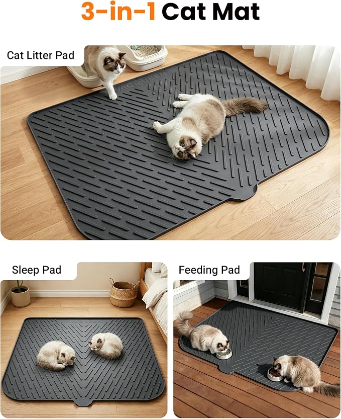 Cat Litter Mat, 47" x 37" Extra Large Cat Litter Box Mat, Silicone Waterproof Litter Trapping Mat for Scatter Control Soft on Kitty Paws Non-Slip Easy to Clean (Dark Grey) | Waterproof Litter Trapping Mat for Scatter Control, Soft on Cat Paws Non-Slip ...