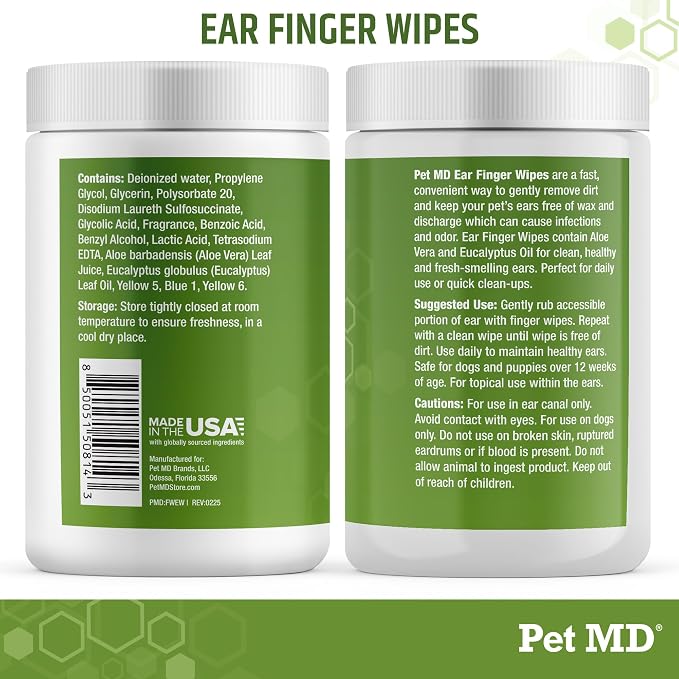 Pet MD Dog Ear Cleaning Wipes - with Eucalyptus & Aloe Vera for Dogs - 50ct | Extra-Coverage and Large Design - Alcohol-Free Pet Ear Cleaning Finger Wipes to Remove Dirt, Debris, and Wax