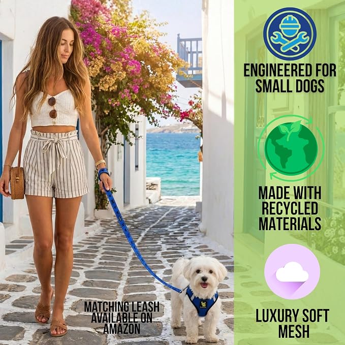 EcoBark Step in Dog Harness - Reflective Teacup Breed Soft Luxurious Mesh Dog Harnesses for XXS, XS, & Small Breed Dogs - Eco-Friendly Secure Halter No Pull Adjustable Pet Vest (Royal Blue, XXS)
