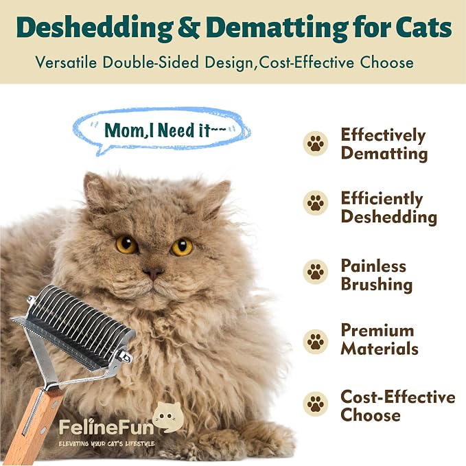 FelineFun Cat Brush for Dematting & Deshedding, 2 in 1 Undercoat Rake, Efficiently Remove Loose Hair & Matted Fur, Professional Shedding Comb for Indoor Cats & Long Haired Cats | Dual-sided undercoat rake helps remove loose hair, tangles, and light to ...