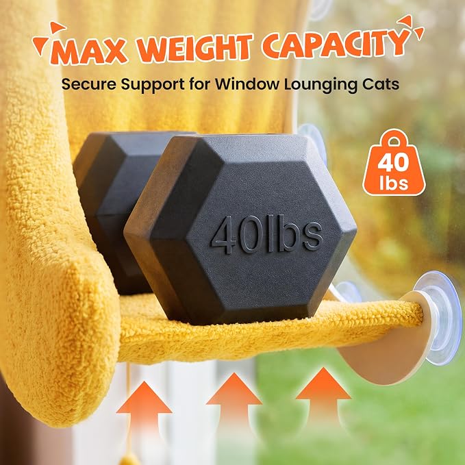 Cat Window Perch Moon Shape, Large Cat Hammock Bed Washable | Suction Mount, Steel Brackets, Soft Fabrics, Natural Pine Wood, Space Saving, Tool-Free Assembly, Watch birds, Sunbathing