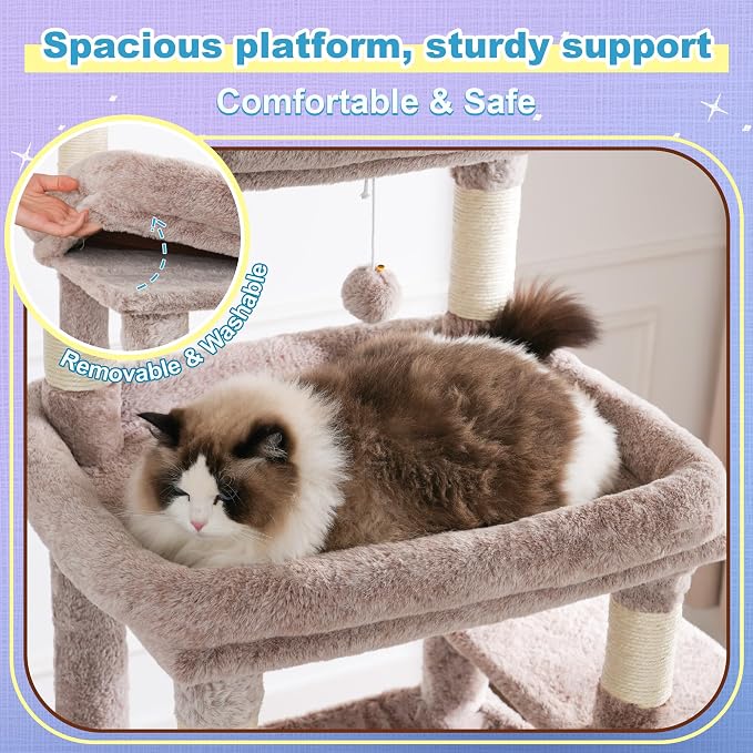 Hey-brother Cat Tree Tower with Extra Large Platform and Basket, MPJ080MU- | 71.7 Inches Scratching Posts with Specious Condo, 2 Cozy Hammocks, Scratch Board for Indoor Adult Cats, Maine Coon Muchroom
