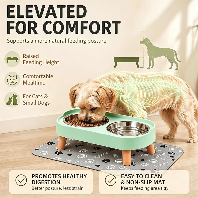 Elevated Dog Bowls with Mat, 2 Stainless Steel for Small Dogs Under 25 Lb | Raised Bowl Stand, Food & Water Set for Cats & Puppies, Splash Proof, Dishwasher Safe, Stain-Resistant Quick-Dry Mat