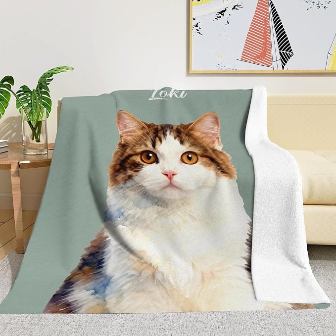 Custom Gifts for Cat Dad Mom Personalized Fleece Throw Blanket with Pet Portrait Picture & Name Cute Cozy Soft Warm Unique Gifts for Pets Lover (Watercolor Style)