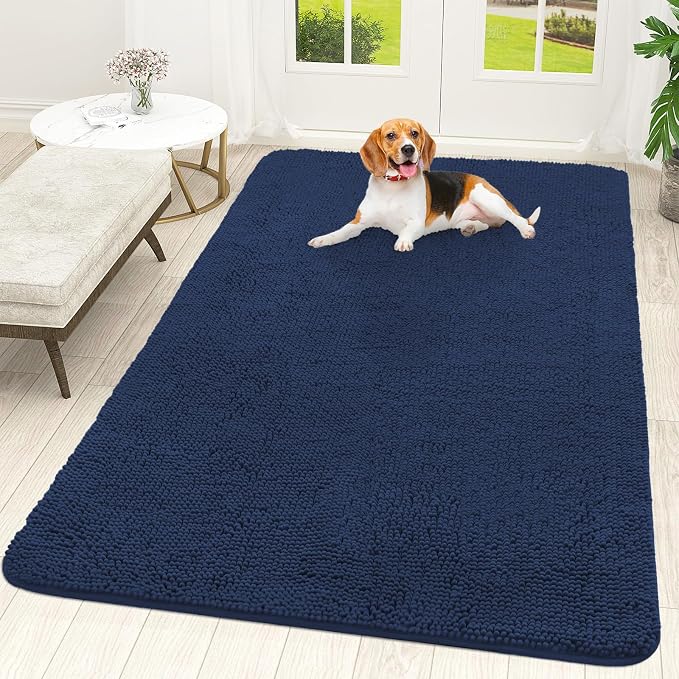 OLANLY Dog Door Mat for Muddy Paws 70x46, Super Absorbent Chenille Mud Mat | Dark Blue, Absorbs Moisture and Dirt, Non-Slip Machine Washable Doormat, Quick-Drying Indoor Entryway Floor Carpet for Dogs