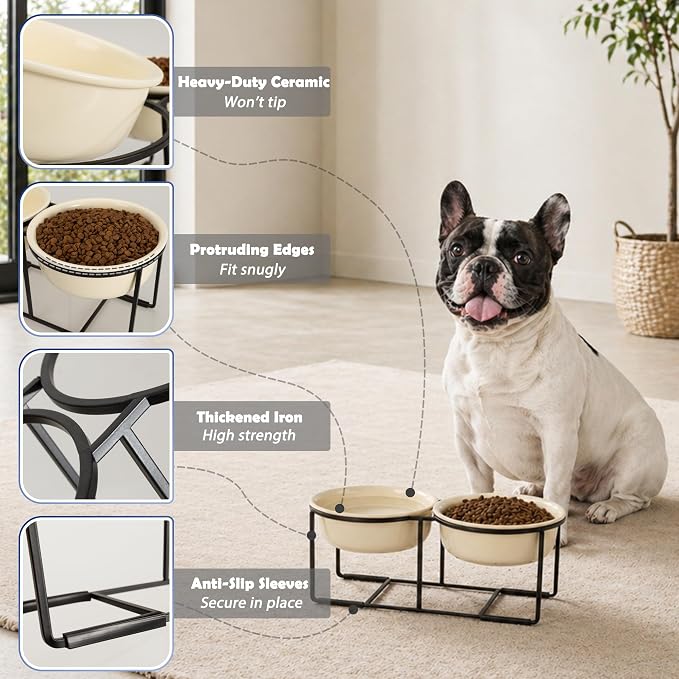Elevated Ceramic Dog Bowl Set - Double Dishes with Non-Slip Iron Stand - Raised Feeding Station for Food & Water - Ideal for Small and Medium Dogs - 2 × 720ml Capacity - Beige - 15 cm Height