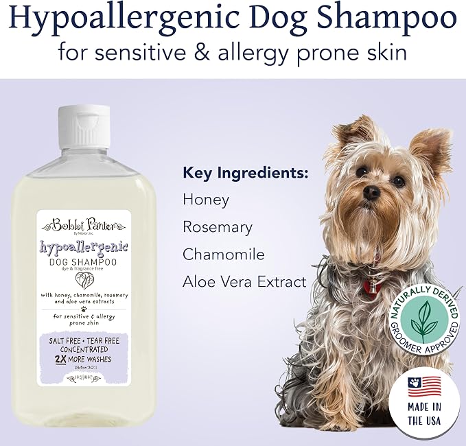 Bobbi Panter Hypoallergenic Dog Shampoo Honey, Aloe Vera, Chamomile & Rosemary – Dye & Fragrance Free Natural Formula for Sensitive & Allergy Skin, Tear-Free, 30:1 Concentrate, 14 oz (Case of 12)