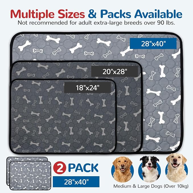 BAEJMJK Washable Dog Pee Pads, Reusable Dog Crate Mats Puppy Training Pads, 4-Layer Super Absorbent Waterproof Non-Slip Leak-Proof Ideal for Potty, Crate, Playpen & Travel(28"x40",Gray 2-Pack)