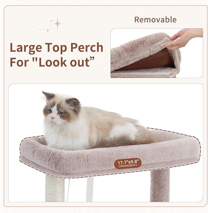 Cat Tree Tower with Sturdy Steel Tube for Indoor Cats GCT014MU | 51.2'' Cat Furniture with Scratching Posts, Hammock, Basket and Padding Top Platform for Inoor Cats Large Adult, Mushroom