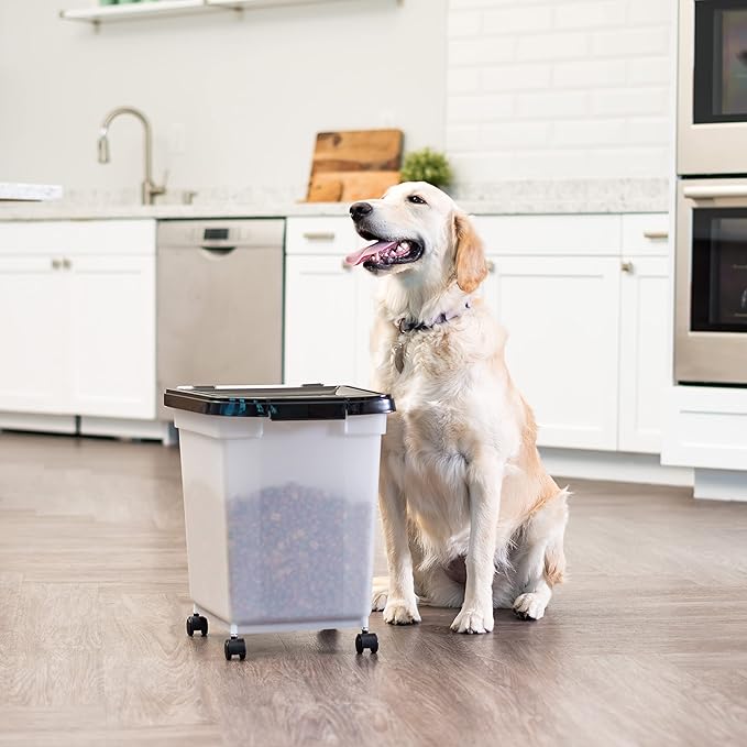 IRIS USA 25 Lbs / 32.5 Qt WeatherPro Airtight Pet Food Storage Container with Removable Casters, for Dog Cat Bird and Other Pet Food Storage Bin, Keep Fresh, Translucent Body, Pearl/Black