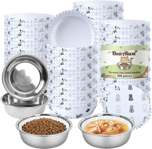 Bulk Disposable Cat Bowls Set (600 Pcs Cat Food Bowl liners + 4 Pcs Stainless Steel Pet Bowls) Small Paper Bowls for Puppy Kitten Small Dogs and Cats, Ideal for Dry & Wet Food (White, Multi-Cat Print)